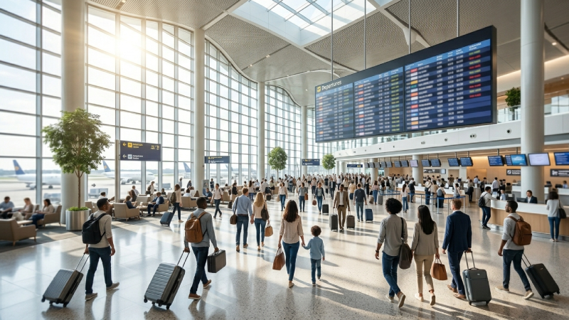 Busy airport departure hall with travelers looking at a departures board, professional and energetic atmosphere, warm natural light