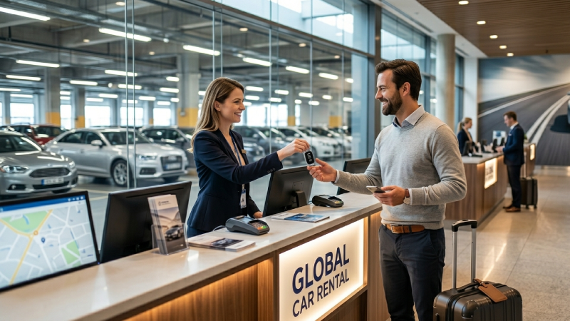 Car rental counter staff handing car keys to a smiling international traveler, branded counter, modern rental office environment