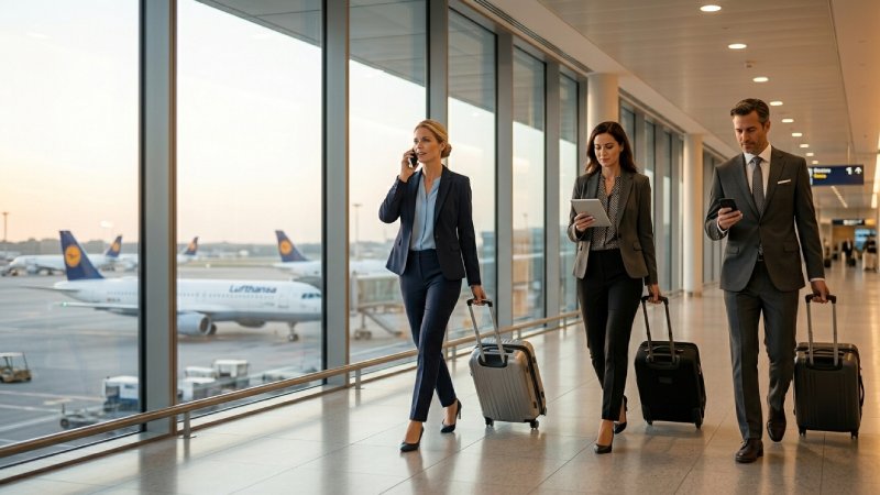Business professionals with luggage and laptops at an airport lounge or boarding gate, smart casual attire, confident and focused