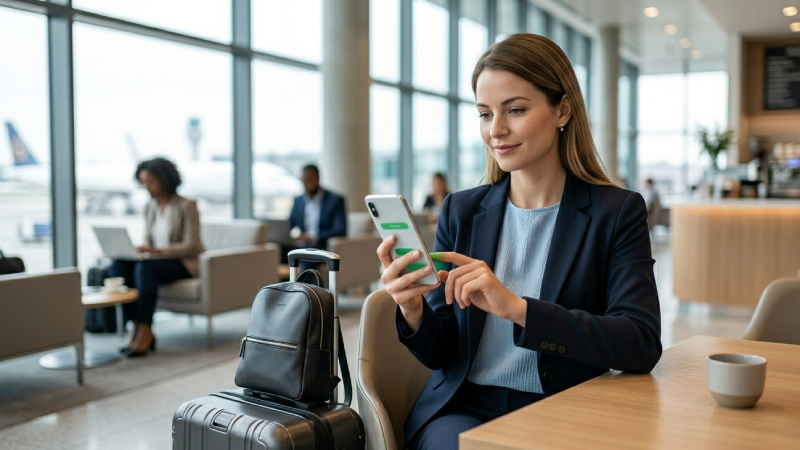 Person using a modern banking app on a smartphone at an airport, travel context visible in background, clean minimal aesthetic