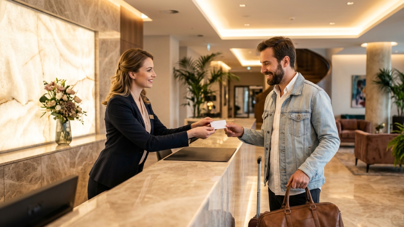 Modern hotel front desk reception with a smiling receptionist handing something to an international guest, elegant lobby interior, warm lighting