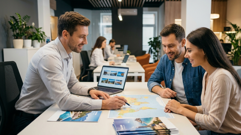 Travel agent at a modern desk consulting with a couple planning an international trip, laptop and brochures visible, warm professional setting